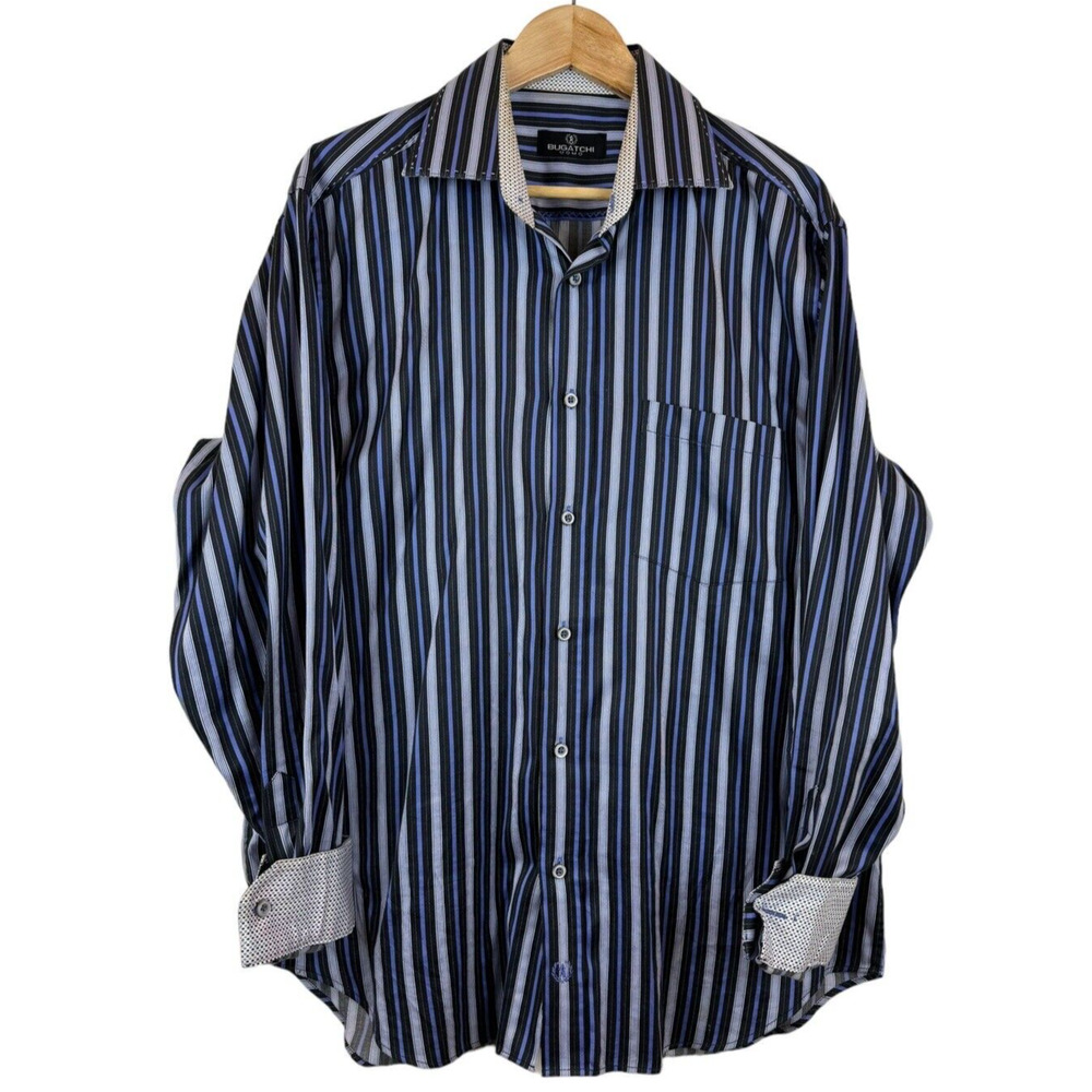 Bugatchi Uomo Men's Size L Wild Blue‎ Geometric Striped Shirt Flip Cuff Collar